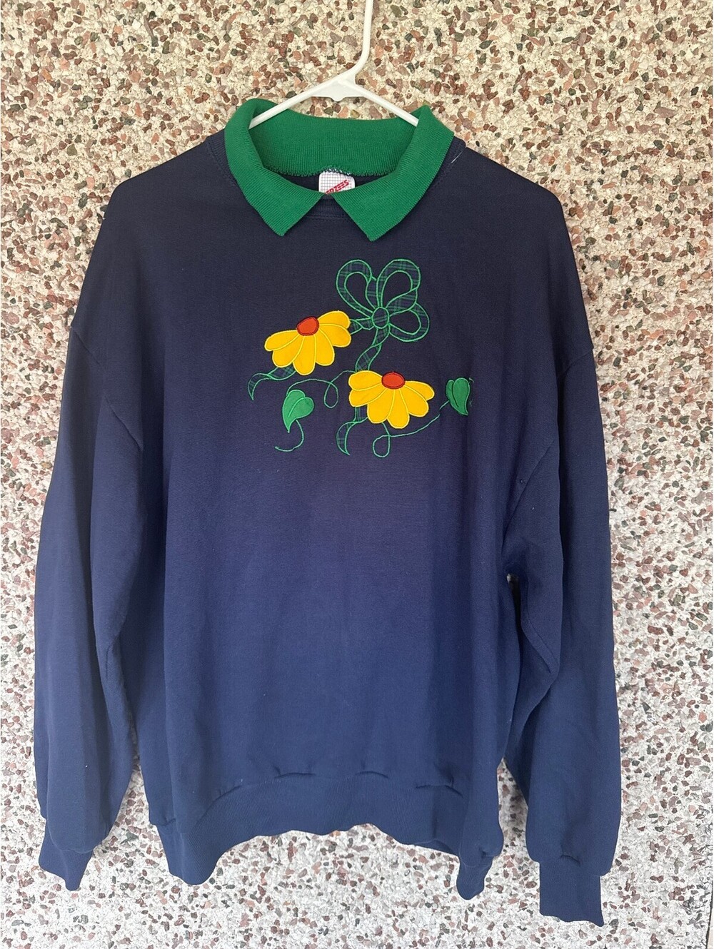 Vintage Jerzees Sunflower Applique Collared Sweatshirt USA XL Navy